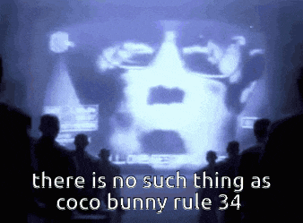 a group of people looking at a screen with the words " there is no such thing as coco bunny rule 34 "