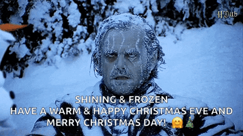 a man with ice on his face says have a warm and happy christmas eve and merry christmas day ..