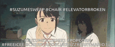a picture of a girl with the words #suzumesweep #chair #elevatorbroken on the bottom