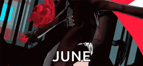 a video game character is holding a sword and the word june is on the bottom of the image .