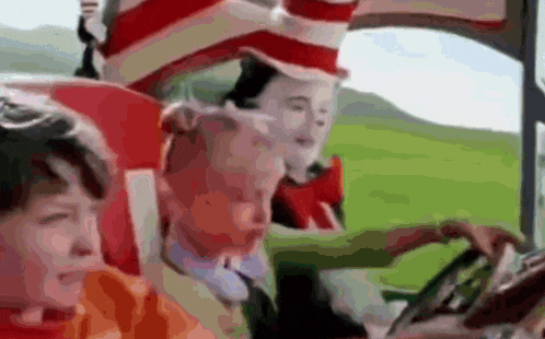 a cat in the hat is driving a car with two children