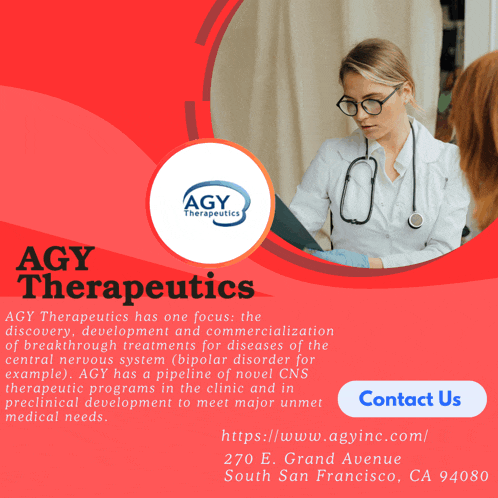 a flyer for agy therapeutics shows a doctor talking to a patient