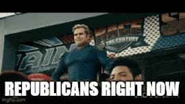 a man in a superhero costume is standing in front of a sign that says " republicans right now "