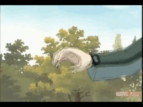a cartoon of a person holding something in their hand in a forest .