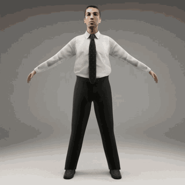 a 3d model of a man wearing a white shirt and black tie