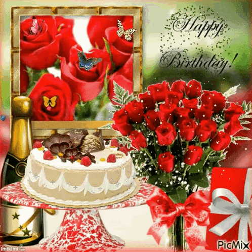 a birthday card with a cake and red roses and the words happy birthday