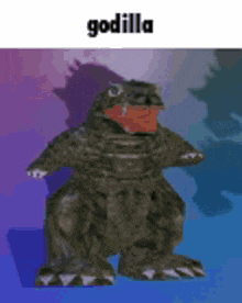 a cartoon of a dinosaur with a red mouth is standing on a blue surface .