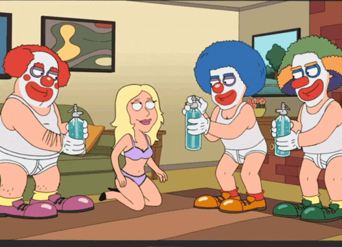 a woman is kneeling down in front of four clowns