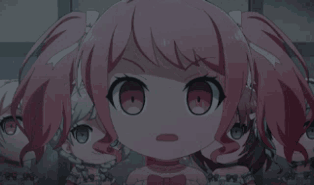 a group of anime girls with pink hair and bows on their heads
