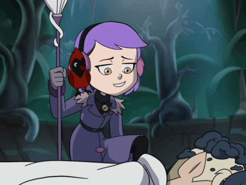 a cartoon character with purple hair is smiling while holding a stick