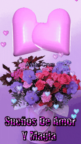 a bouquet of flowers with hearts and the words sueño de amor y magia