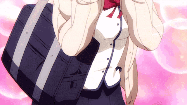 a girl in a school uniform carrying a bag