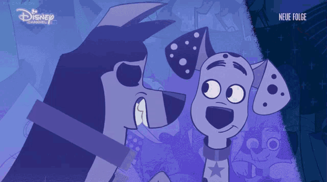 two dalmatian dogs are standing next to each other with a disney channel logo behind them