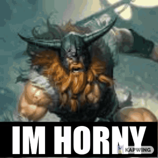 a picture of a bearded viking with horns and the words im horny on the bottom