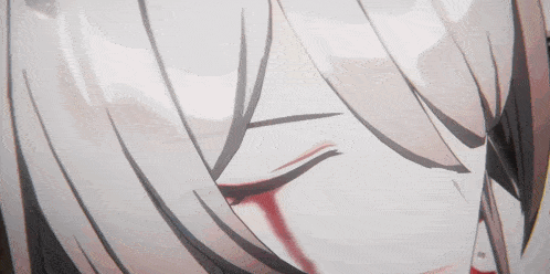 a close up of a person 's face with white hair and red blood