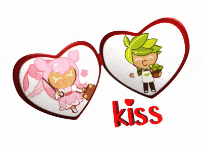 two hearts with a girl and a boy on them and the word kiss below them