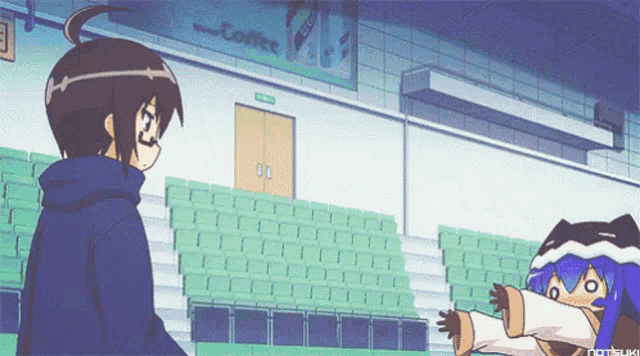 two anime characters are standing in front of a coffee sign