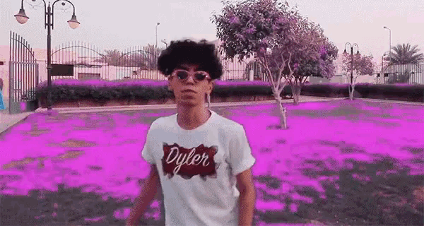 a young man wearing sunglasses and a white t-shirt is standing in front of a pink field .
