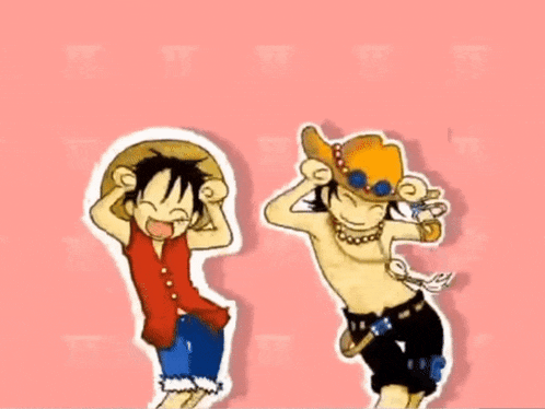 a cartoon of luffy and ace are dancing together on a pink background .