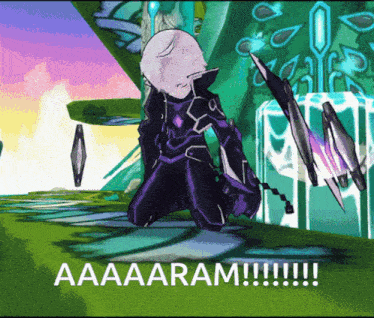 a cartoon character is kneeling down with the words aaaaram written on the bottom
