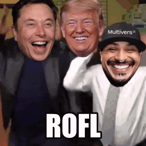 elon musk donald trump and a man wearing a multiverse hat