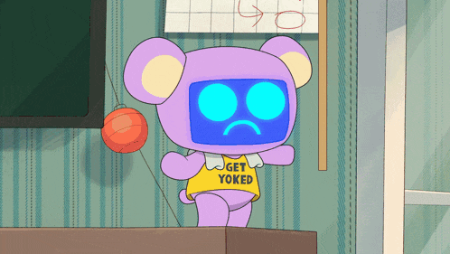 a purple teddy bear wearing a yellow shirt that says " get yoked "