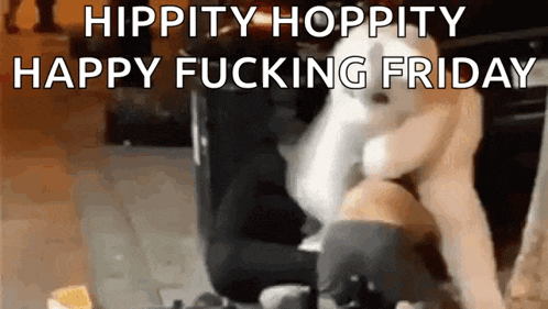 a picture of a person kneeling down with the words hippity hoppity happy fucking friday on the bottom