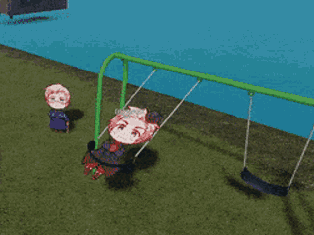a girl is swinging on a swing set while another girl watches