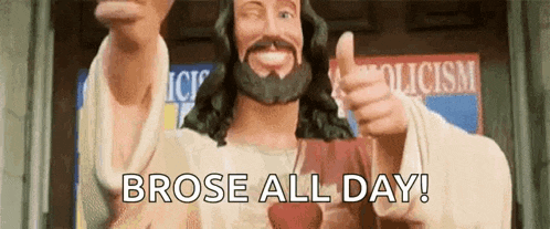 a statue of jesus is giving a thumbs up in front of a sign that says ' brose all day ' .