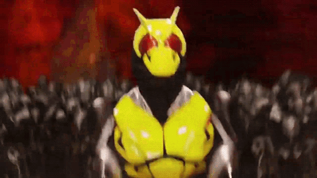 a drawing of a yellow superhero standing in front of a crowd of people
