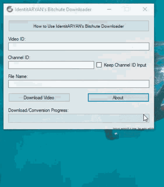 a screenshot of a bitchute downloader with the about button highlighted