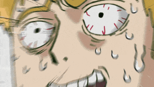 a close up of a cartoon character 's face with white eyes