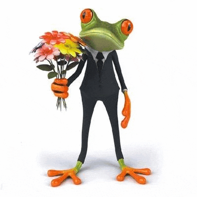 a frog is wearing a suit and tie and holding a bouquet of flowers .