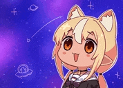 a cartoon girl with cat ears and a bow tie is standing in front of a galaxy .