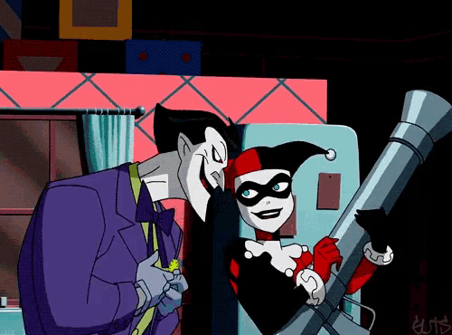 harley quinn and the joker are kissing in a cartoon scene