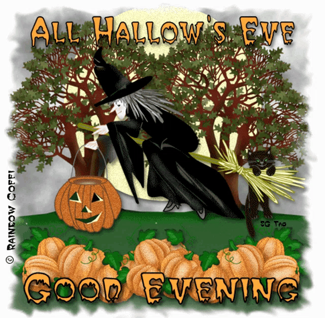 a picture of a witch with pumpkins and the words " all hallow 's eve "