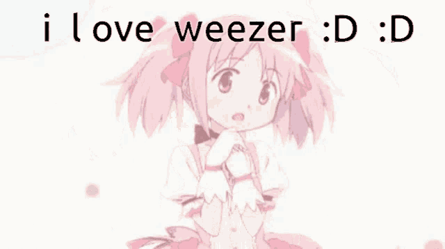 a picture of a girl with the words i love weezer : d : d above her