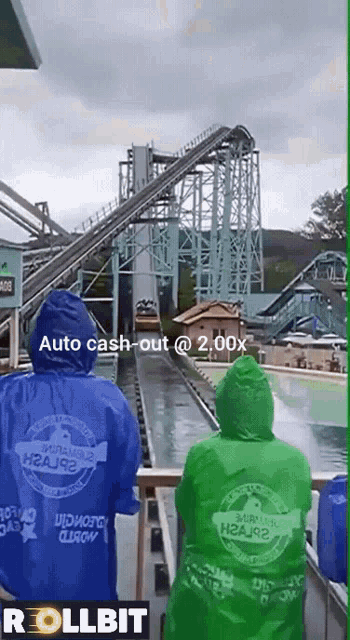 two people in blue and green raincoats are watching a roller coaster ride