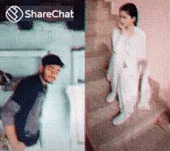 a man and a woman are standing next to each other on a staircase with a sharechat logo behind them