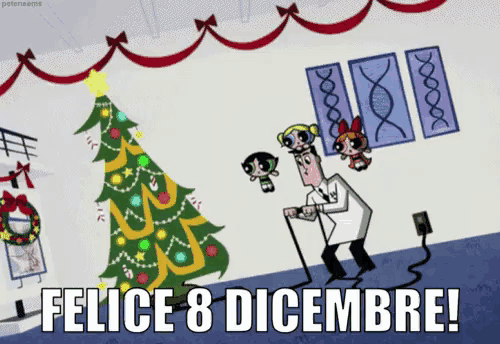a cartoon of a man standing next to a christmas tree with the caption felice 8 dicembre