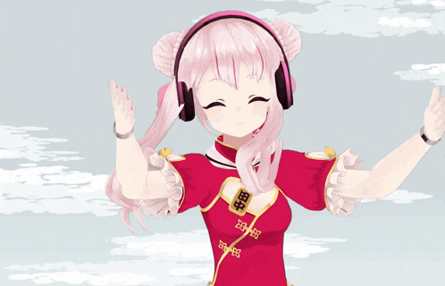 a girl wearing headphones stands in front of a cup of calbee