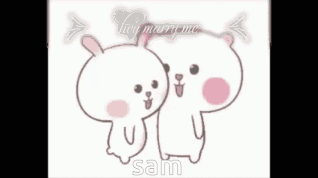 a couple of cartoon characters standing next to each other with the words hey marry me written on the bottom