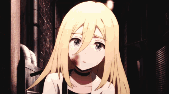 a girl with blonde hair and blue eyes has a bloody spot on her face