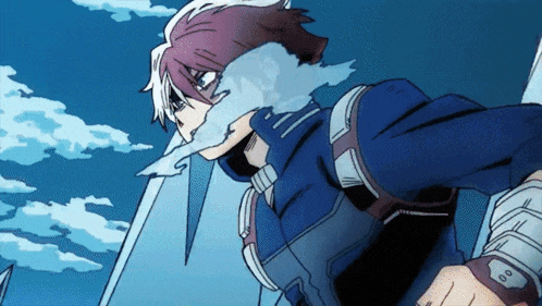 a close up of a person in a blue suit with a sword in their mouth .
