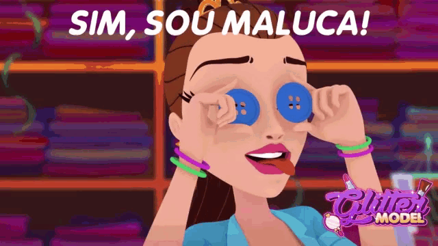 a cartoon of a woman covering her eyes with buttons and the words sim sou maluca on the bottom