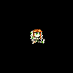 a cartoon character with red hair and green leaves