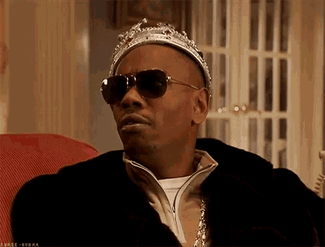 a man wearing a crown , sunglasses and a fur coat is sitting on a couch .