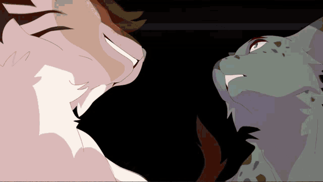 a drawing of two cats looking at each other with a black background
