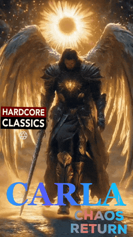 a poster for carla chaos return shows a man with wings and a sword