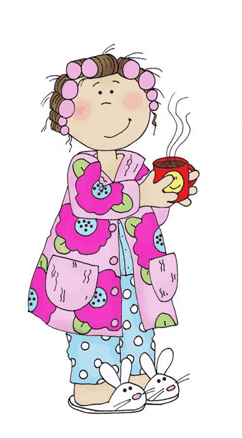 a woman with curlers in her hair is holding a cup of coffee